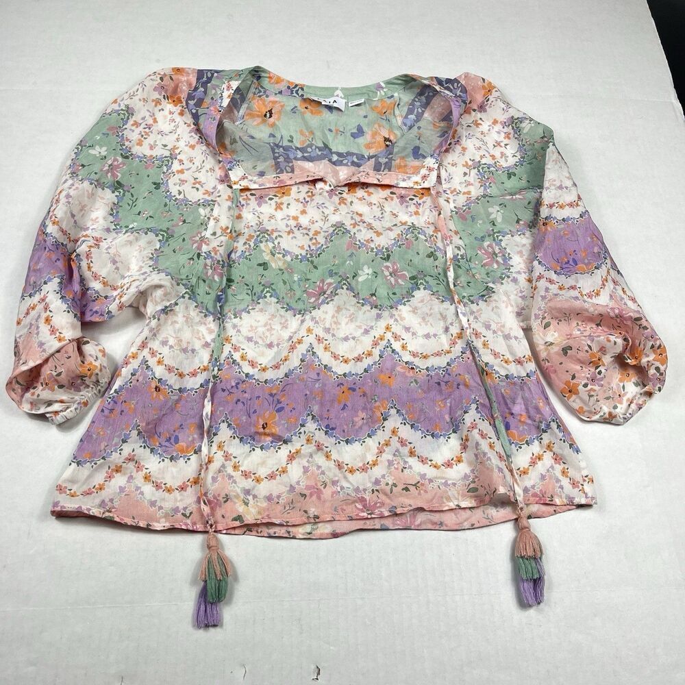 Laia Pastel Boho Blouse Lightweight Silk Blend Tassel Hem Peasant Top Small